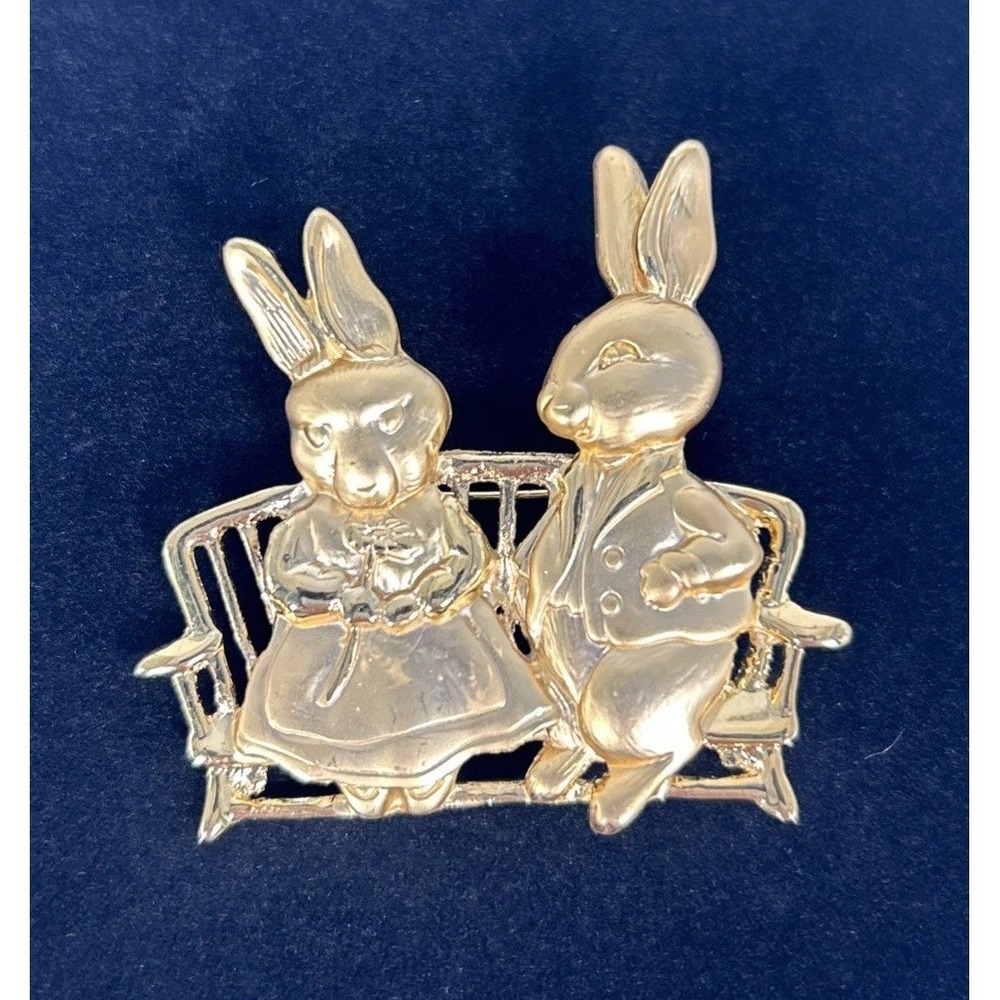 Bunny Pin‎ Brooch Brushed Gold Rabbits Bench Easter Grandma